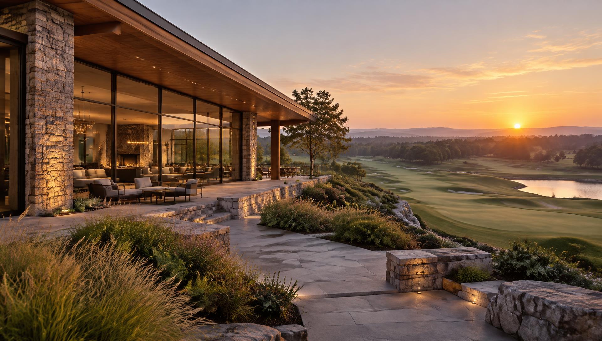 Contemporary clubhouse overlooking a golf course at sunrise