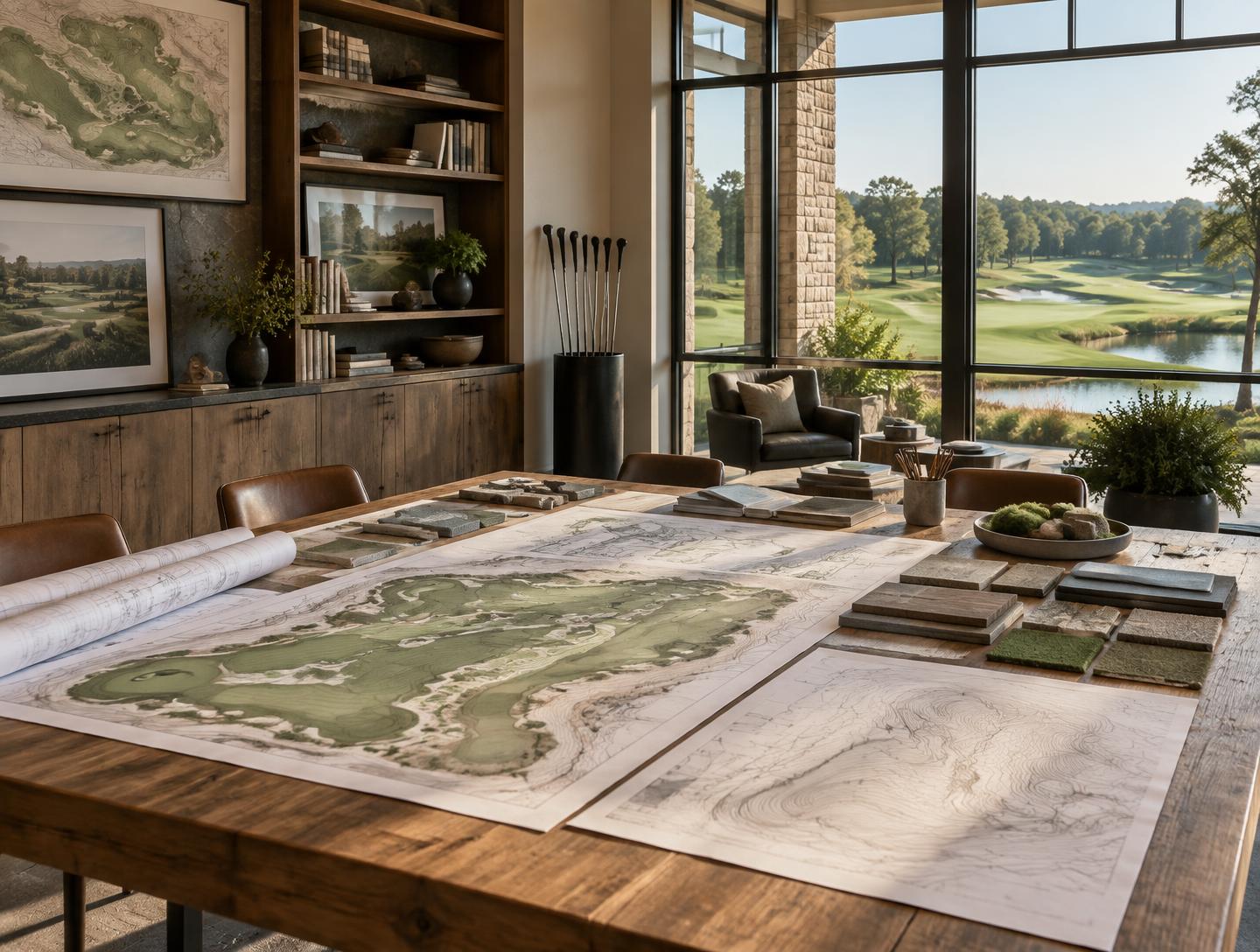 Golf design studio with course plans on a worktable
