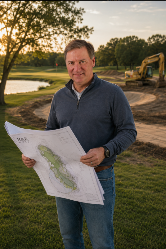 Vance Rzepka reviewing plans on a golf course
