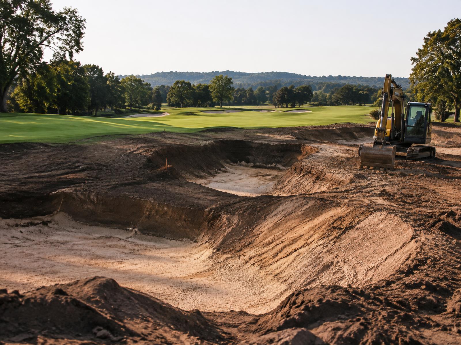 Excavator shaping a new bunker complex during golf course construction