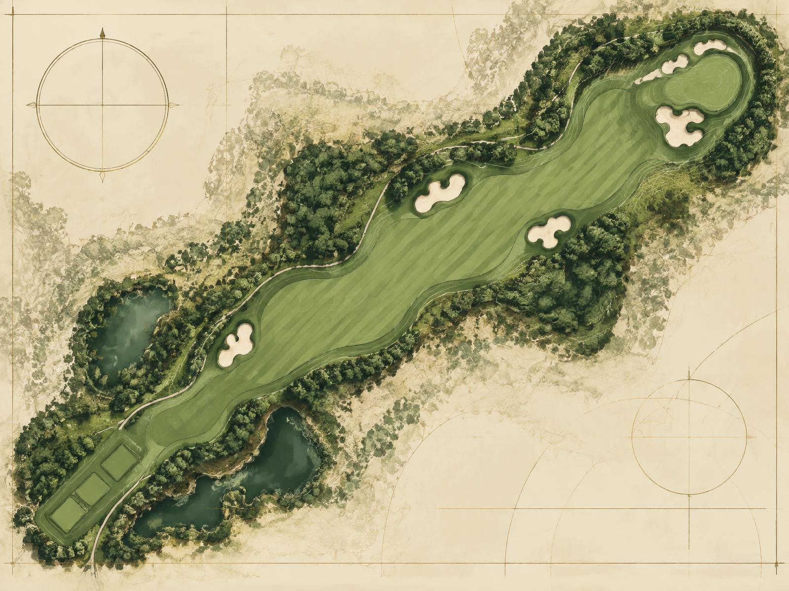 Illustrated single-hole layout plan with bunkers, green contours, and tee complex