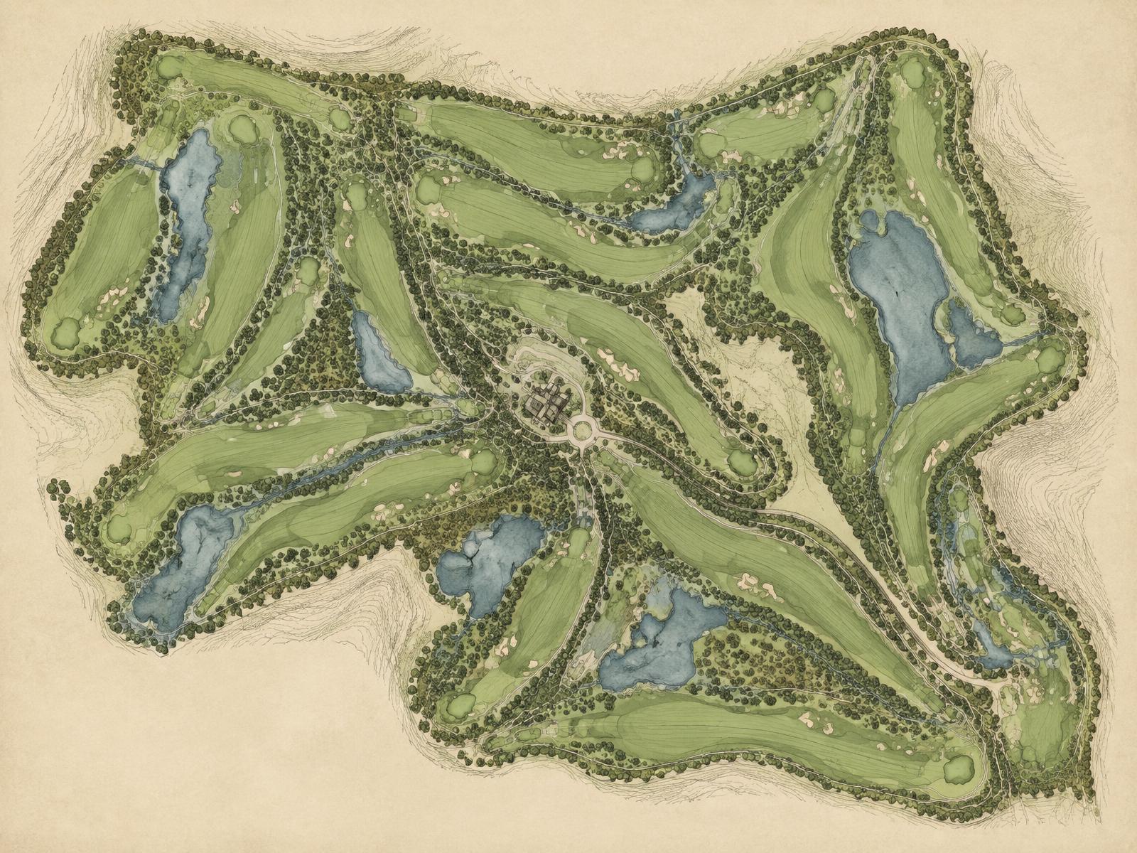 Illustrated master plan showing a full course routing with fairways, bunkers, and water