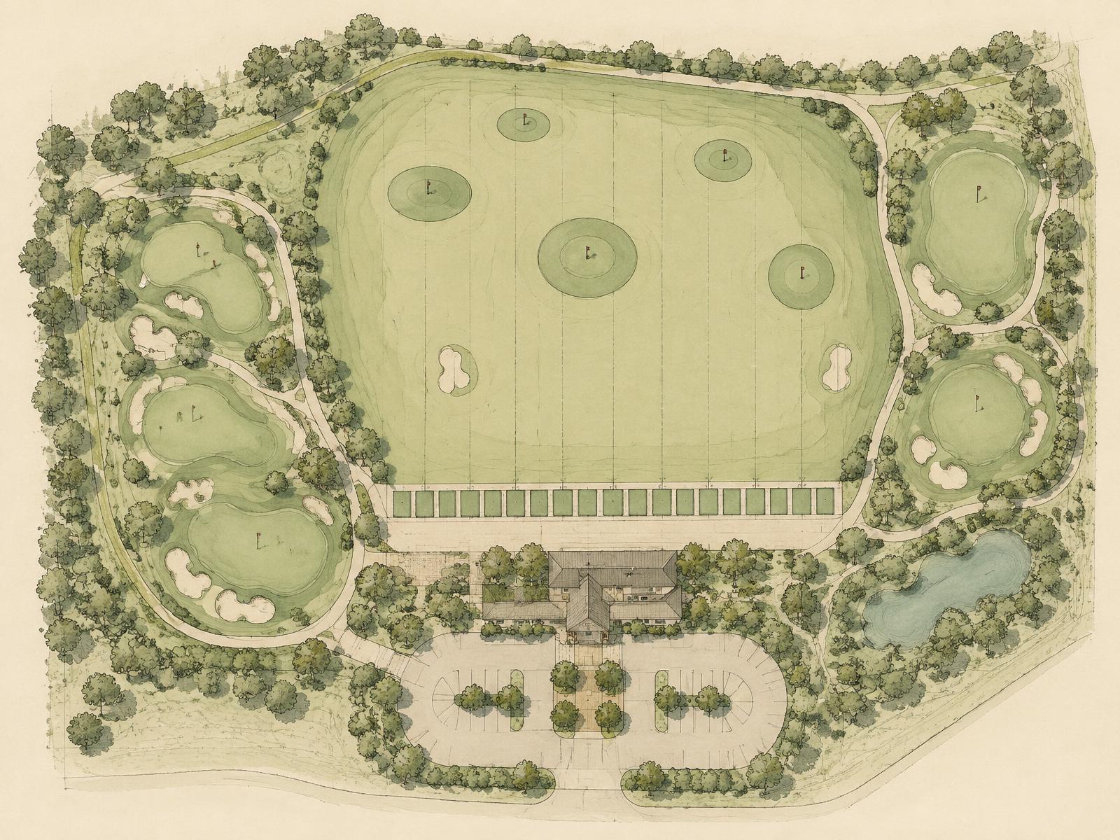 Illustrated site plan of a golf practice facility with range tees and short game greens