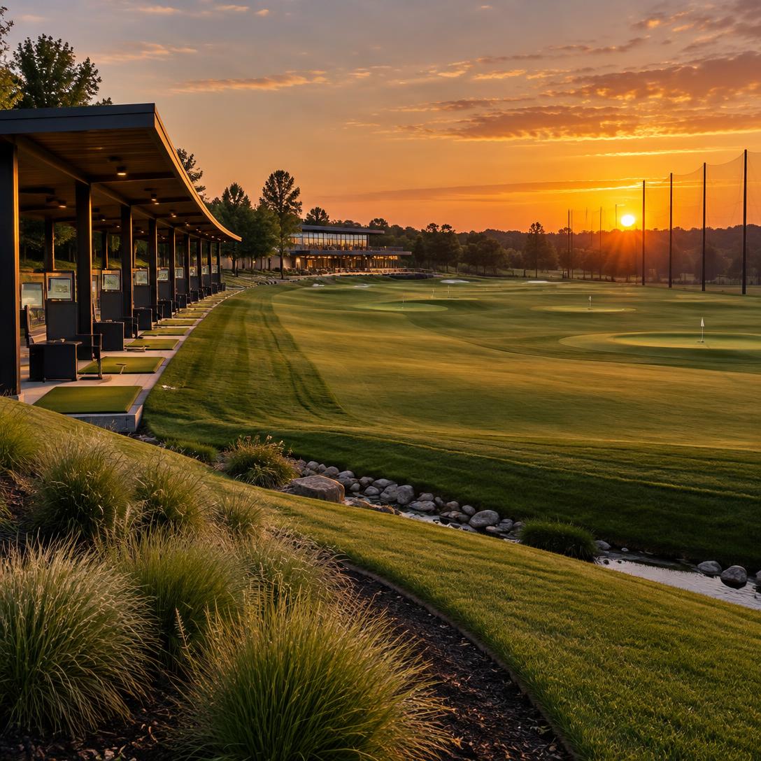 Modern golf practice facility at sunset