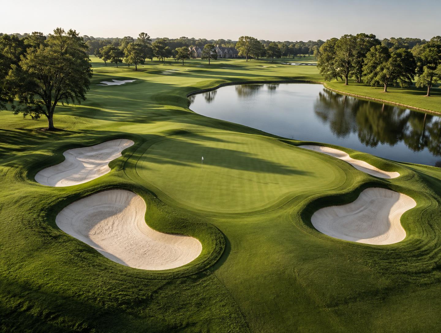 Aerial view of a golf green, bunkers, and water hazard
