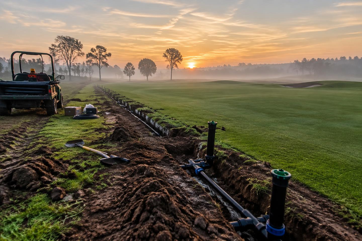 New irrigation piping and heads being installed along a fairway at dawn