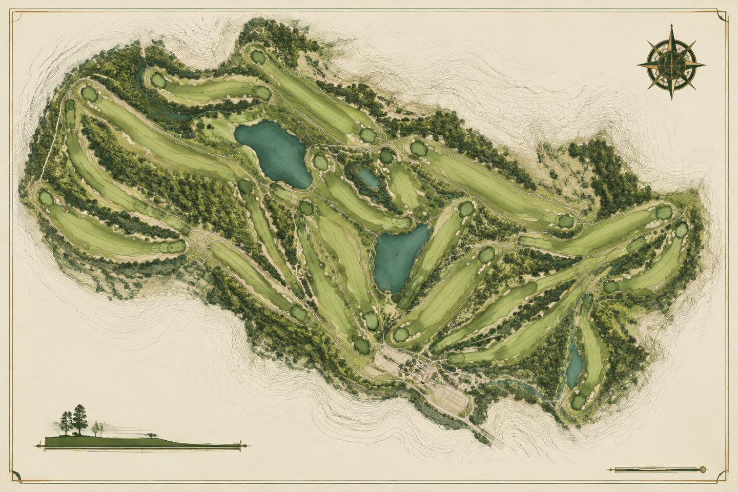 Hand-rendered golf course master plan routing map with contour lines, fairways, and water features