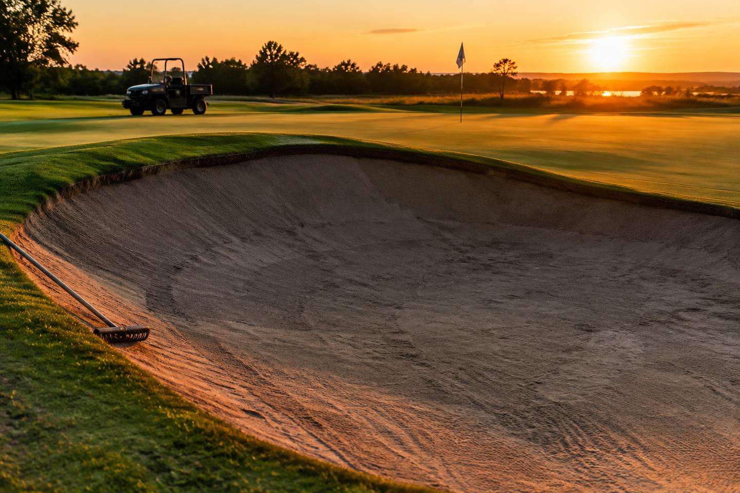 Freshly shaped sand bunker beside a green at golden hour during a course renovation